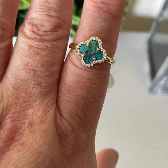 Brand New Gemolio Gold Over Sterling Silver Blue Copper Turquoise Clover 7 Ring - Picture 2 of 7